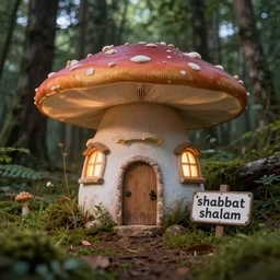 mushroom house in the forest, light coming out of the windows, a sign in front that says'shabbat shalom ', high detail