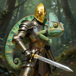 photo of a humanoid chameleon dressed in armor with a golden helmet on the head, hold sword in the forest, highly detailed, digital painting, artstation, smooth, sharp focus, illustration, art by artgerm and greg rutkowski and alphonse mucha