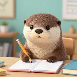 a cute otter holding a pencil doing schoolwork
