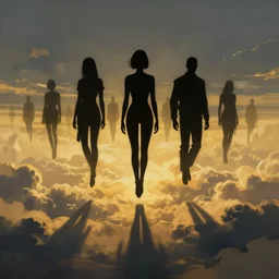 cyberpunk, silouettes and shadows of a group of many people flying in the open sky and the clouds, human figures in all black, atmospheric lighting, painted, intricate, golden hour, ultra detailed by peter gric, giger, enki bilal