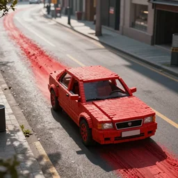 photo of a car made out of bricks driving down a city street in the daytime and leaving a trail of red in its path