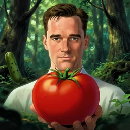 forest gump starring tom hank sas a tomato, his skin is red with leafy green hair, pickle rick animation character, dramatic lighting, tom hanks tomato face, shaded lighting poster by magali villeneuve, artgerm, jeremy lipkin and michael garmash, rob rey and kentaro miura style, artstation