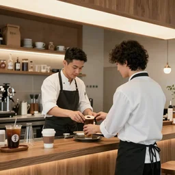 A person with chef's hair orders coffee at the counter of the Chinese fusion drink bar , octane render.
