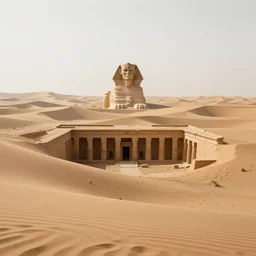 a wide desertic matte painting landscape with ancient egyptian temple buried in the sun. big sand dunes. under a white sky with black stars. a monstrous sphynx between the dunes on the horizon. eerie lighting. photorealistic. artstation. hd.