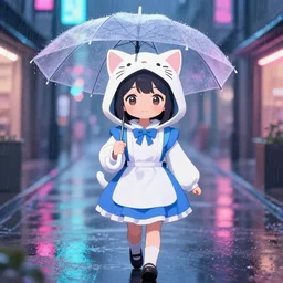 a cute anime girl wearing a cat hoodie holding an umbrella walking in a neon lit street in the rain in the style of america mcgee's alice