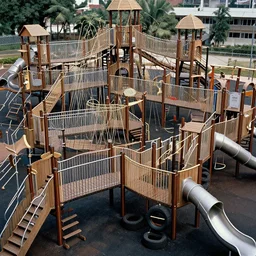 full - color closeup 1 9 7 0 s photo of a vast incredibly - large complex very - dense tall many - level playground in a crowded schoolyard. the playground is made of brown wooden planks, black rubber tires, silver metal bars, and beige ropes. it has many spiral staircases, high bridges, ramps, balance beams, and metal tunnel - slides.