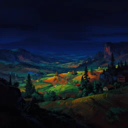 Sci-Fi dark high contrast nighttime colorful wallpaper of a beautiful landscape art by Donato Giancola and Bayard Wu, digital art, trending on artstation, 4k, high detail, no noise, low light
