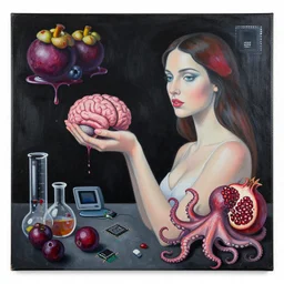apartment with black walls, portrait of a woman holding a brain, mangosteen, berries dripping juice, pomegranate, sensual, computer chips, berries, octopus, scientific glassware, neo - expressionism, surrealism, acrylic and spray paint and oilstick on canvas