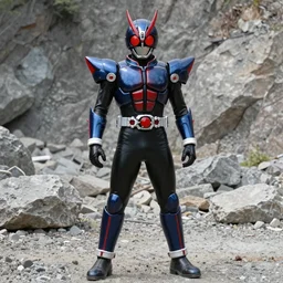 High Fantasy Kamen Rider, single character full body, 4k, glowing eyes, rock quarry location, daytime, black rubber suit, pvc armor, dark blue with red secondary color dragon inspired segmented armor, ultra realistic, vibrant colors, Kiyotaka Taguchi Cinematography