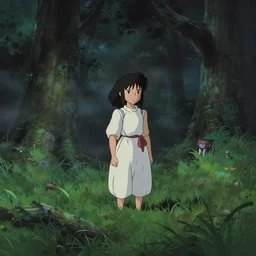 a still frame from the princess mononoke film, in the woods at night, overgrown grass, dramatic, animals, gloomy, volumetric light, ground mist, cinematic, filmic