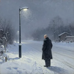 a thin bald grandfather without eyes stands on a snowy road near a luminous lamppost, winter, blizzard, night, cold, terrible, fog, oil on canvas, naturalism