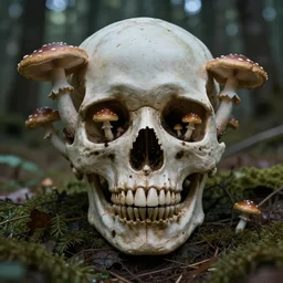 photorealistic fantasy portrait of a skull with mushrooms growing out of the eye sockets in the middle of a forest, dynamic lighting, 8k, HD quality