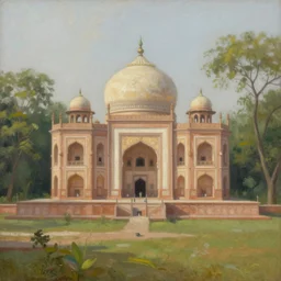 a beautiful painting of a building in a serene landscape by Adonna Khare