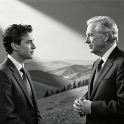 Nathan Fielder interviewing vice president Richard Cheney, black and white photograph, high resolution,