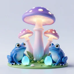 glowing neon mushrooms and blue frogs with glowing eggs, hyper realistic