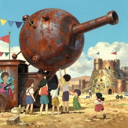 memorable animation key shot, vanishing point, kids climbing up the giant bulbous rusty yamato schwerer gustav!!!!, colorful bunting, desert, flags, festival, grafitti!!, rust, ghibli, fortress, by mandy jurgens, by satoshi kon, ilya repin, lena aenami, shinji kimura, daylight glow