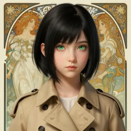 a head and shoulders portrait of a young girl with green eyes and short black hair in a tan trenchcoat, from Final Fantasy XIII, retro, smooth, sharp focus, intricate, artstation, hyper realistic, detailed concept art by Rutkowski and Mucha and sky sewa and Marc Simonetti