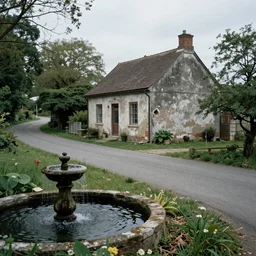 a house in the side of a forgotten road next to a fountain of dark water