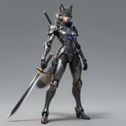 a full body character portrait of female anthropomorphic humanoid wolf combat android holding a oversized katana in the style of cyberpunk in the style of syd mead trending on artstation deviantart pinterest detailed realistic hd 8 k high resolution