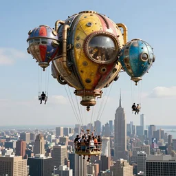 large colorful futuristic space age metallic steampunk balloons with pipework and electrical wiring around the outside, and people on rope swings underneath, flying high over the beautiful mew york city landscape, professional photography, 8 0 mm telephoto lens, realistic, detailed, photorealistic, photojournalism