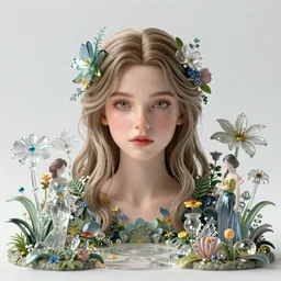 Beautiful  full-length 20mm mid-distance photograph of young Rosanna Arquette  in an ornate Flowerpunk garden with 3D glass and crystal statues, extreme detail, sharp focus, no Depth of Field, clean, clear, sharp, CG society, 3D sculpture, volumetric lighting, cinematic, perfect face, perfect eyes, photorealistic, photograph