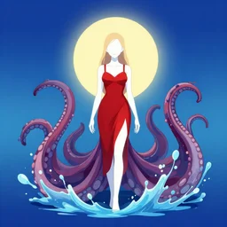 a 2 meter woman white skin red dress standing in the middle of the image, gradient background, behance illustration, vector drawing, art by gibli studios, anime, tentacles wallpaper, sun, water splashed, high detailed, sharp focus, blue