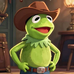 kermit the frog as a cowboy, anime, trending on art station, studio trigger