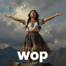 a young indigenous woman at the top of a mountain, with arms wide open, art by wlop