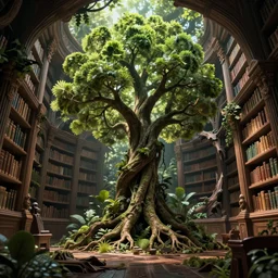 a rainforest tree growing inside a ( ( decaying old library ) ), highly detailed, intricate detail, magical lighting, dramatic scenery, beautiful 3 d rendering, octane render, trending on artstation