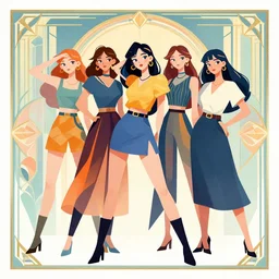 ( ( dither ) ), editorial illustration of girls like reol posing, dynamic pose, modern art deco, colorful, ( ( mads berg ) ), christopher balaskas, victo ngai, grainy texture, detailed, dynamic composition, wide angle, moebius, alphonse mucha