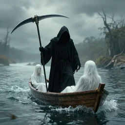 grim reaper in black hood holding scythe guiding souls in a small boat down the river styx 4 k 3 0 mm ray tracing