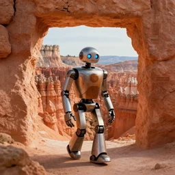 DSLR photograph of a Sonny the robot from I, Robot (2004) walking through a surrealist dimensional gateway that leads into a terrifying surrealist Bryce 3d landscape imaged by Larry Elmore Kerlaft, photo realistic