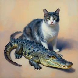 painting of hybrid between cat & crocodile, intercrossed animal, mixture animal, by tiffany bozic, by zdzislaw beksinski, organic, unusual anatomy, cold hue's, warm tone gradient background, concept art, beautiful composition, digital painting,
