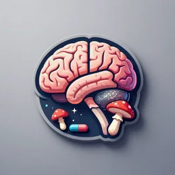 awesome logo of a brain and mushroom and pills with dank techno. synthwave colours. in the style of spirited away. awe, rage, musicality, 2 0 2 2, kodak, natural colors, hyperrealism, lush detail