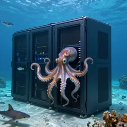 underwater data center, octopus, fishes, shark, servers, photo, high quality,