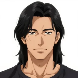 A masculine middle aged man with tan skin, brown eyes, and hip-length, shiny, black hair, anime, manga