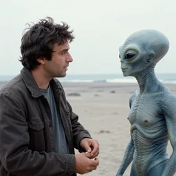 old film photography of jaime maussan having a conversation with an alien