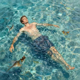 high angle picture of an elegant man relaxing in crystal waters, extremely beautiful and aesthetic and detailed, with familiar sprites, vivid abstract caustics, chiaroscuro, intricate, masterpiece, fantasy illustrations by ilya kuvshinov and jeremy lipking and quentin mabille