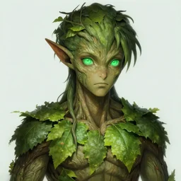 A realistic anime portrait of a handsome buff dryad with glowing green eyes and tree bark skin wearing clothes made of leaves, digital painting, by Stanley Artgerm Lau, Sakimichan, WLOP and Rossdraws, digtial painting, trending on ArtStation, SFW version