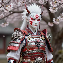 albino maiko in a ornated armor pagan facepaint, detailed, jewelry, sakura, photograph, award wining, red and white, trending on artstation, punk attitude, 4 k, unreal engine 5, octane render, neon highlights