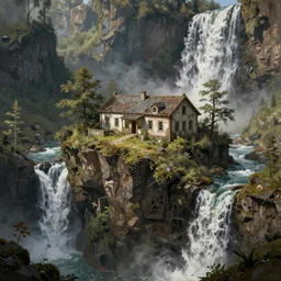 an abandoned school on the edge of a cliff, as an oil painted book cover illustration, surrounded by waterfalls, dnd environment, cottagecore, concept art, readability, extremely detailed, sharp focus, art by brothers hildebrandt