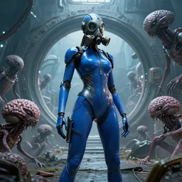 big budget scifi movie set in postapocalyptic world with alien brainsuckers sexy female cyborg in shiny blue rubber and gas mask standing near time portal