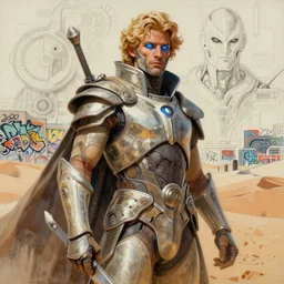 frank herbert's dune themed majestic paul atreides glowing blue eyed fremen warrior, desert armor sketch by sachin teng, moebius, artgerm, michael cheval, esao andrews, francois boucher, masterpiece, intricate organic painting, matte painting, futuristic geometrical drawing shapes, desert ambience, hard edges, highly detailed, cinematic lighting character art movie poster by drew struzan, graffiti, street art by sachin teng