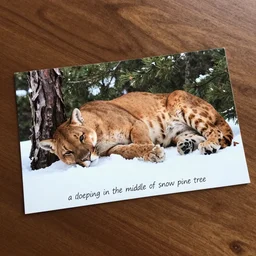 postcard showing 'a cougar sleeping in the middle of snowy pine tree' laying on coffee table, zoomed out, HD, iphone capture