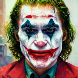 abstract portrait of the joker 2 0 1 9, city in the background, the joker movie 2 0 1 9,, beautiful face and eyes, abstract art, rule of thirds, face symmetry, colourful spray paint splatters, expressive, fine art, by greg rutkowski, by jeremy mann, by francoise nielly, 8 k, correct body proportion, vivid abstract style