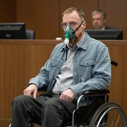 walter white with a rough beard, wearing an oxygen mask, sitting in a wheelchair in a courtroom.
