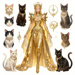 fashion concept spot illustrations from a cats and lord of the rings crossover, cosplay, by nixeu, by artgerm, by greg rutkowski, iridescent and gold and crystal, fullbody, intricate jewelry, god rays, hyper detailed, character concept, glowing particulate, intricate, elegant, digital painting, artstation, smooth, sharp focus.