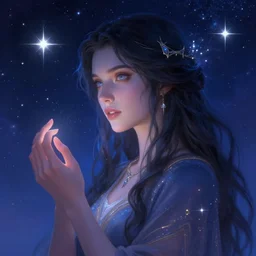 charming and wisdom female astromancer in the starry sky, star sparkles, sharp focus, d & d, epic retrowave art, masterpiece, trending on art station, fantasy, digital painting, highly detailed, 8 k realistic, dof, art by artgerm, greg rutkowski, sasoura, satchely, miracle, channel, dior, no distorsion