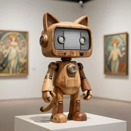 3D octane render ultra 8K photorealistic hyperdetailed unreal engine a wooden sculpture on feet a very cute mystical robot of the bohemian with cat’s ears VHS ,futurepunk concept art ,trending on cgsociety artwork masterpiece in a contemporary art gallery lossless quality by Alphonse Mucha