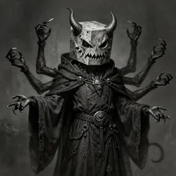 illustration of a demon spirit of gambling with six spindly arms, wearing a dark cult robe, and sporting a cube shaped head sporting a razor smile, trending on art station, very detailed, haunting, fine detail, intricate, art by peter mohrbacher